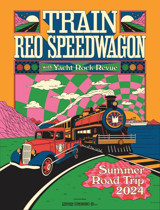 A promotional poster for the "Summer Road Trip 2024" tour featuring Train and REO Speedwagon. (Crush Music)