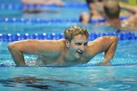 Kieran Smith reacts after winning the Men's 200 Freestyle during wave 2 of the U.S. Olympic Swim Trials on Tuesday, June 15, 2021, in Omaha, Neb. (AP Photo/Charlie Neibergall)