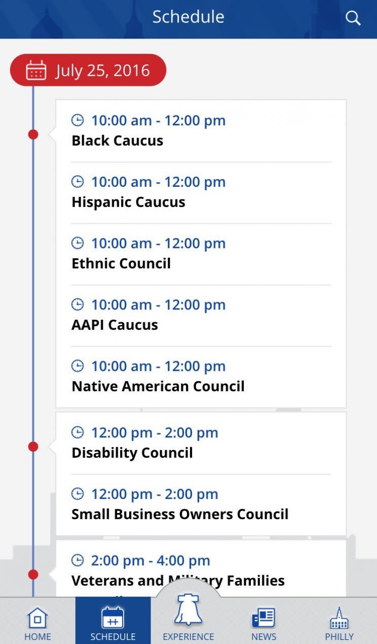 The Democratic National Convention schedule (screenshot via DNC 2016 app)