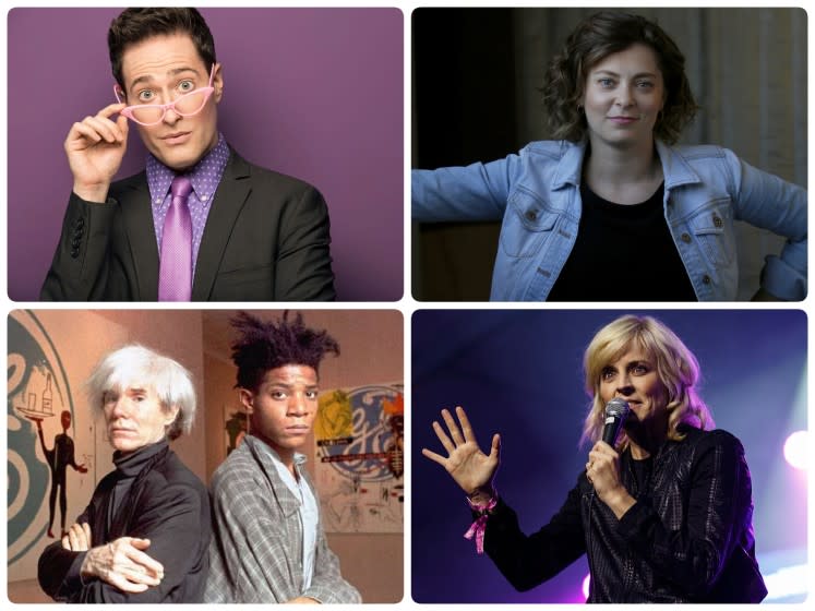 Clockwise from top left: Randy Rainbow, Rachel Bloom, Maria Bamford; Andy Warhol and Jean-Michel Basquiat