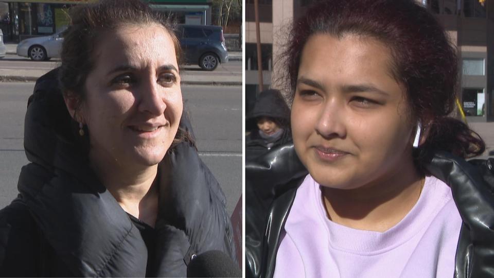 Torontonian Laman Meshadiyeva (left) says she doesn't support the City of Toronto's pigeon birth control pilot project, while Torontonian Sonu George (right) does. 