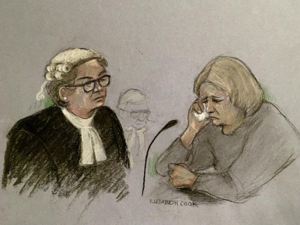 Court artist sketch shows Penelope Jackson (right) weeping in the dock at Bristol Crown Court (Elizabeth Cook/PA)