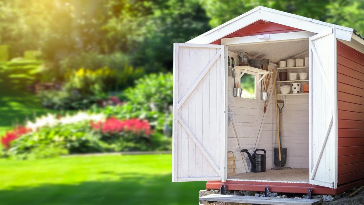 white-and-red-shed-in-a-green-lush-backyard