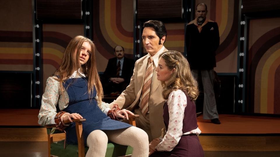 (from left): Ingrid Torelli, David Dastmalchian and Laura Gordon in Late Night With the Devil
