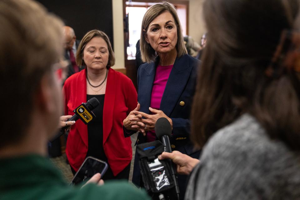 Iowa Gov. Kim Reynolds answers questions from the press after signing a bill that increases penalties for crimes related to fentanyl, on Tuesday, May 16, 2023, at Atlantic City Hall, in Atlantic. 