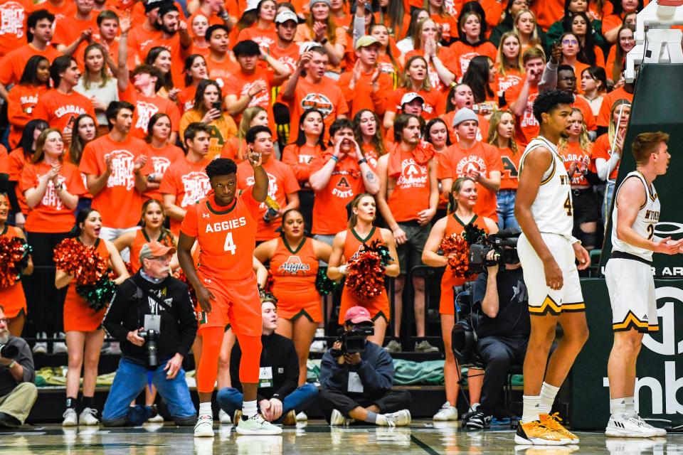 Colorado State's Isaiah Stevens (4) reacts after a foul call against Wyoming during the Border War men's basketball game on Feb. 24 at Moby Arena in Fort Collins.