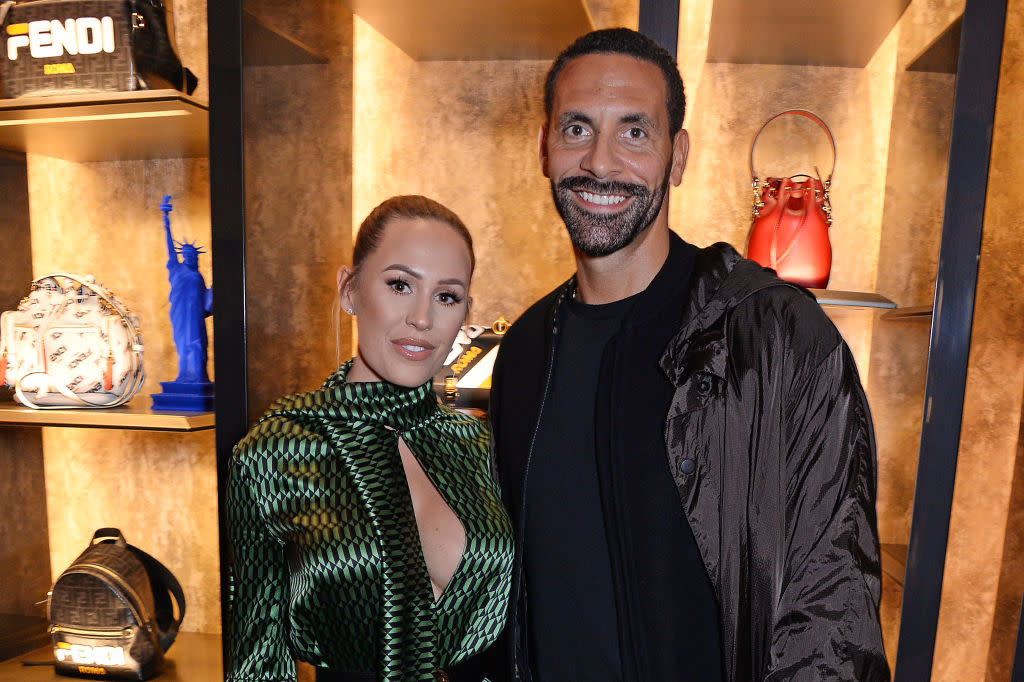 Kate Ferdinand has revealed she recently tore her stomach muscles during pregnancy, pictured with her husband Rio Ferdinand in October 2018. (Getty Images)