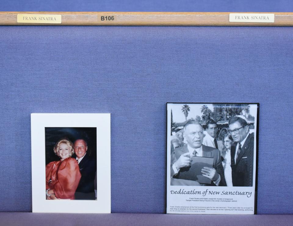 Frank Sinatra's name is preserved in perpetuity on two pews of the new chapel at Temple Isaiah in Palm Springs, Calif., and featured during a Modernism Week tour on October 14, 2022.