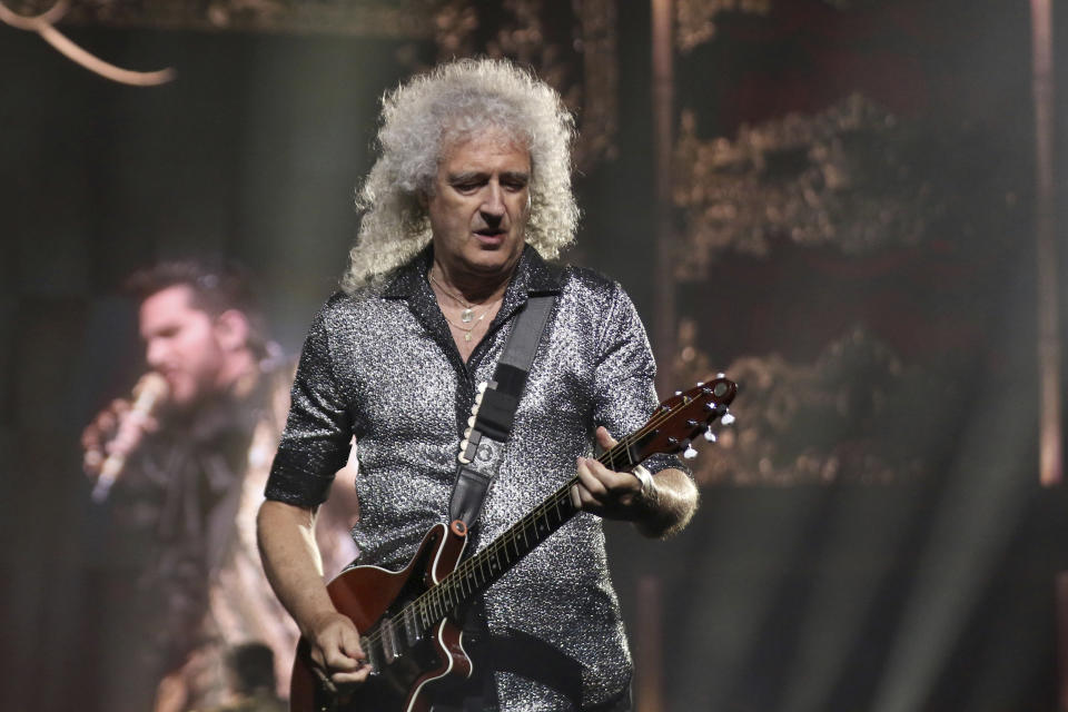 Brian May of Queen performs live on stage during the opening of Queen and Adam Lambert's  "The Rhapsody Tour" at The Forum on Friday, July 19, 2019, in Inglewood, Calif. (Photo by Willy Sanjuan/Invision/AP)