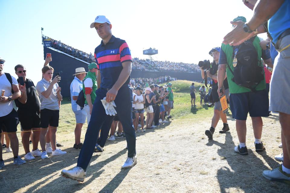 US golfer Jordan Spieth arrives on the 17th tee during his final round on day 4 of The 149th British Open Golf Championship at Royal St George's, Sandwich in south-east England on July 18, 2021. - - RESTRICTED TO EDITORIAL USE (Photo by ANDY BUCHANAN / AFP) / RESTRICTED TO EDITORIAL USE (Photo by ANDY BUCHANAN/AFP via Getty Images)