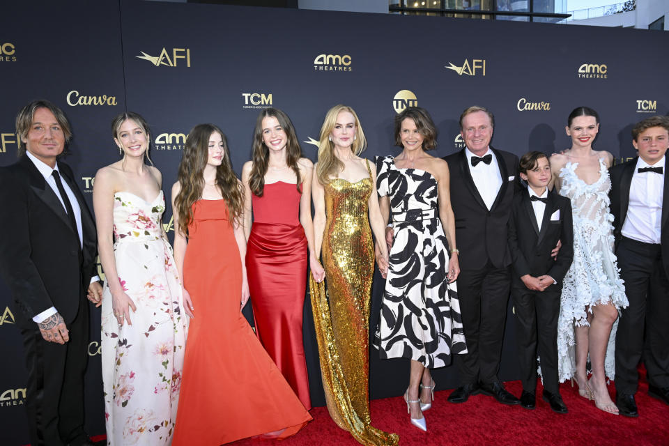 Keith Urban, guest, Faith Urban, Sunday Urban, Nicole Kidman, Antonia Kidman, Craig Marran, Alexander Kidman Marran, Lucia Hawley and Nicholas Kidman Marran at the AFI Life Achievement Award Honoring Nicole Kidman held at The Dolby Theatre on April 27, 2024 in Los Angeles, California. (Photo by Gilbert Flores/Variety via Getty Images)