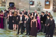 <p>The cast and crew of NBC's <em>Friends</em> gather on stage to accept the award for Outstanding Comedy Series. The beloved sitcom garnered 62 nominations and six wins during its time on the air.</p>