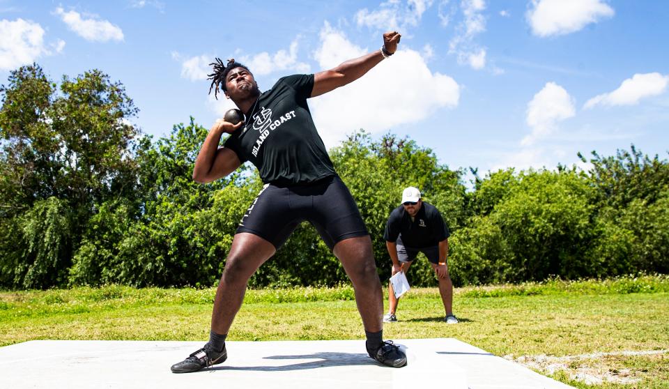 Keon Anderson, from Island Coast High School participates in the shot put during the Lee County Athletic Conference Championships at Dunbar High School on Saturday, April 9, 2022. He won.