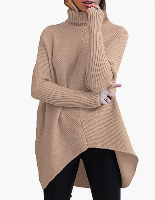 amazon sweater, woman with blonde hair wearing ANRABESS Womens Turtleneck in tan fall sweater
