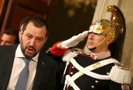 FILE PHOTO: League party leader Matteo Salvini leaves after a meeting with Italian President Sergio Mattarella during the second day of consultations at the Quirinal Palace in Rome, Italy, April 5, 2018. REUTERS/Alessandro Bianchi/File Photo