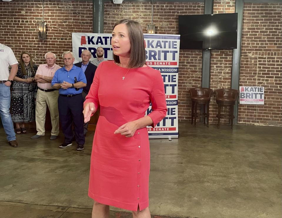 Republican Katie Britt campaigns in Cullman, Ala., on May 23, 2022, ahead of the U.S. Senate primary in Alabama. Britt is one of several Republicans seeking the GOP nomination for the seat being vacated by retiring U.S. Sen. Richard Shelby. (AP Photo/Kim Chandler)