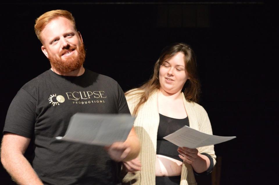 Konnor Graber rehearses Graber's original play "Moving On" with Dania Hunter. The rehearsal for the play by Eclipse Productions was in the Waldron Firebay on Jan. 22, 2024. The goal is to have the play for audiences to enjoy in 2025.