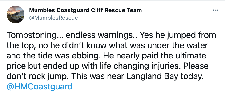 Mumbles Coastguard Cliff Rescue Team tweeted urging people not to jump from rocks following the incident. (Twitter)