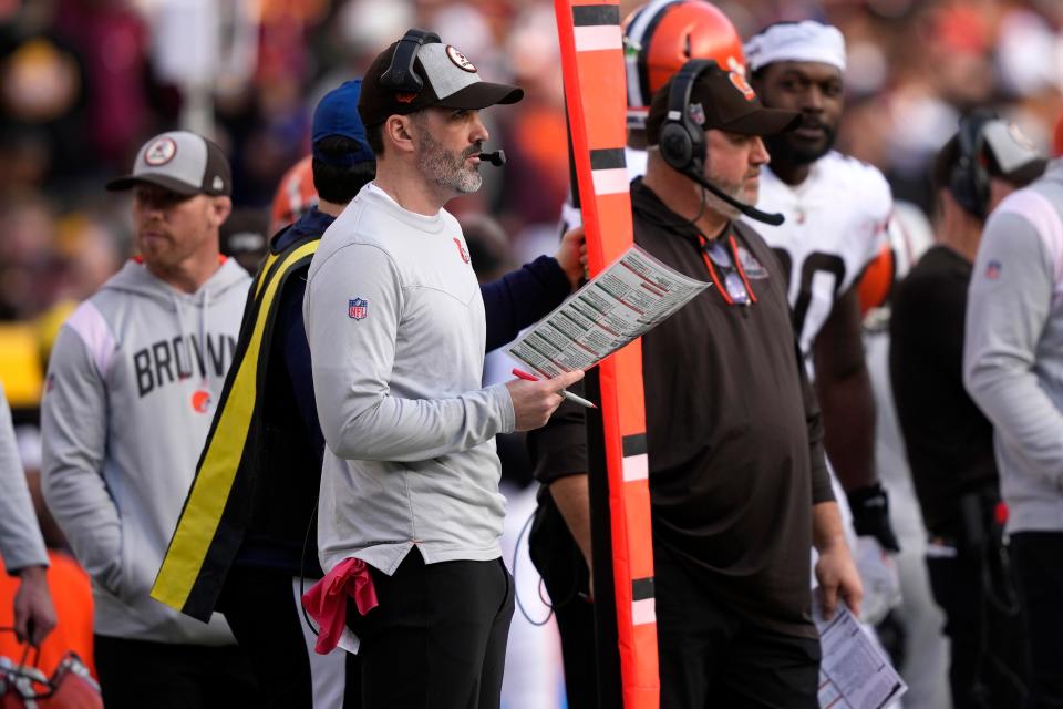 Cleveland Browns head coach Kevin Stefanski stands on the sideline during the second half of an NFL football game against the Washington Commanders, Sunday, Jan. 1, 2023, in Landover, Md. (AP Photo/Susan Walsh)