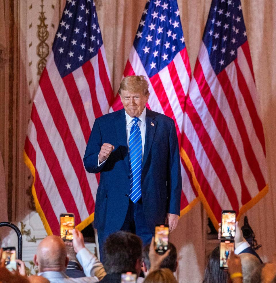 Donald Trump celebrates with supporters at a Super Tuesday watch party at Mar-a Lago on March 5, 2024 in Palm Beach, Florida.