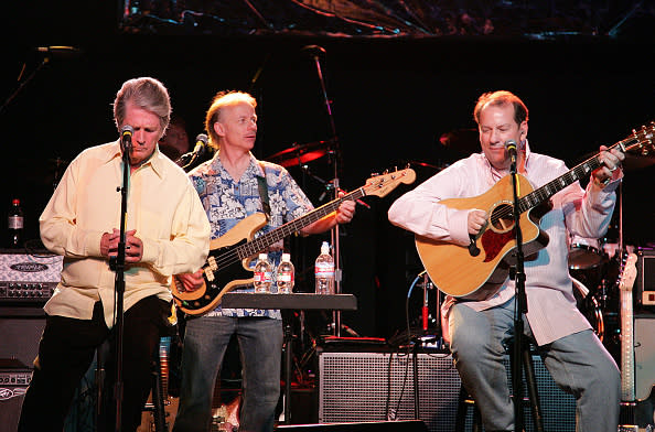 Musician Brian Wilson (center) and band members Probyn Gregory and Jeffrey Foskett perform live at the Rock n Roll Fantasy Camp 10th Anniversary Blowout held at SIR Studios on February 16, 2008 in Hollywood, California. (Photo by Jason LaVeris/FilmMagic)