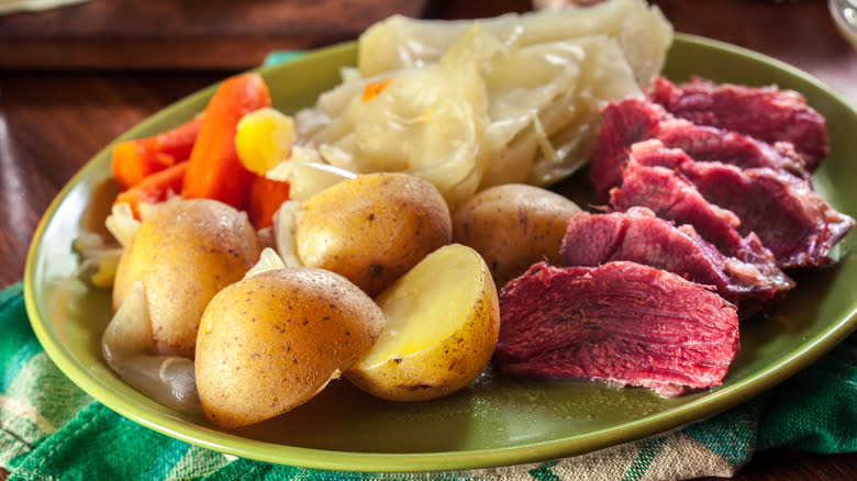 Corned beef, potatoes, cabbage, and carrots