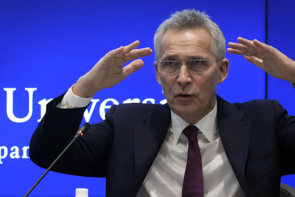 NATO Secretary-General Jens Stoltenberg answers a question from students at Keio University in Tokyo, Wednesday, Feb. 1, 2023. (AP Photo/Eugene Hoshiko)