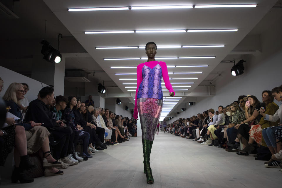 A model wears a creation by Mark Fast at the Spring/Summer 2020 fashion week runway show in London, Friday, Sept. 13, 2019. (Photo by Vianney Le Caer/Invision/AP)