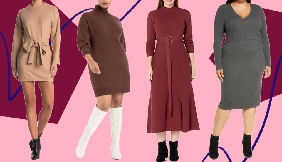 There are all sorts of sweater dresses to choose from down below, including those with turtlenecks to ones that are perfectly oversized. (Photo: HuffPost)