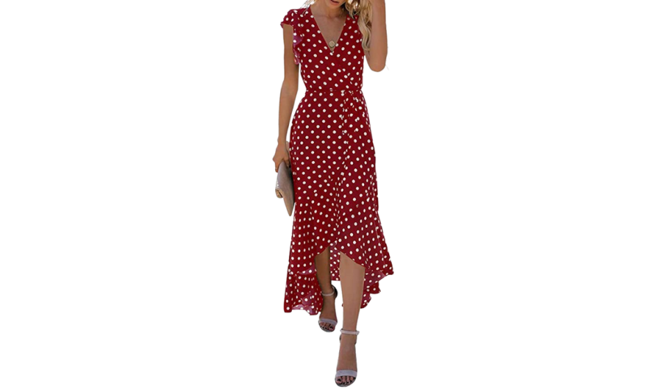 woman in red polka dot dress