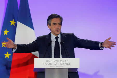 Francois Fillon, former French Prime Minister, member of the Republicans political party and 2017 presidential election candidate of the French centre-right, delivers a speech at a campaign rally in Biarritz, France March 24, 2017. REUTERS/Regis Duvignau