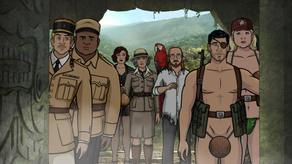 ARCHER: Danger Island -- "A Discovery" -- Season 9, Episode 8 (Airs Wednesday, June 13, 10:00 p.m. e/p) Pictured (l-r): Reynaud (voice of Adam Reed), Doudou, Charlotte Vandertunt (voice of Judy Greer), Malory Archer (voice of Jessica Walter), Crackers (voice of Lucky Yates), Noah (voice of David Cross), Sterling Archer (voice of H. Jon Benjamin), Pam Poovey (voice of Amber Nash). CR: FXX