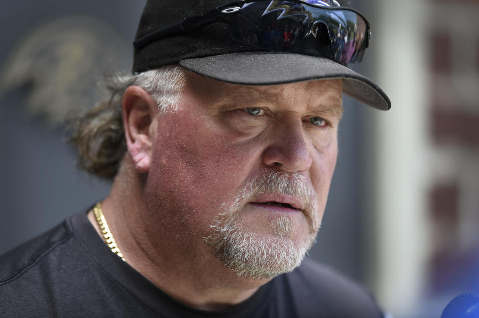 FILE - In this June 12, 2019, file photo, Baltimore Ravens defensive coordinator Don Martindale speaks with reporters at the NFL football team's training facility in Owings Mills, Md. The success of the Ravens has created an interest in coordinators Greg Roman and Don Martindale as potential candidates to fill NFL head coaching vacancies. (AP Photo/Gail Burton, File)