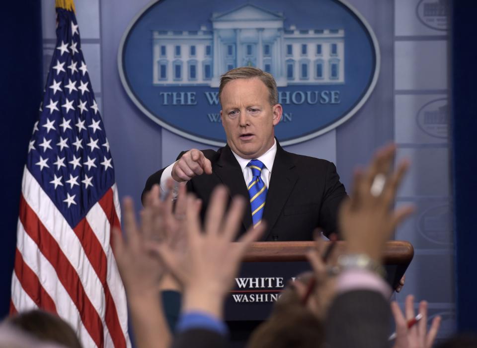 White House press secretary Sean Spicer calls on a reporter during the daily briefing at the White House in Washington, Tuesday, Jan. 24, 2017. Spicer answered questions about the Dakota Pipeline, infrastructure, jobs and other topics. (Photo: Susan Walsh/AP)