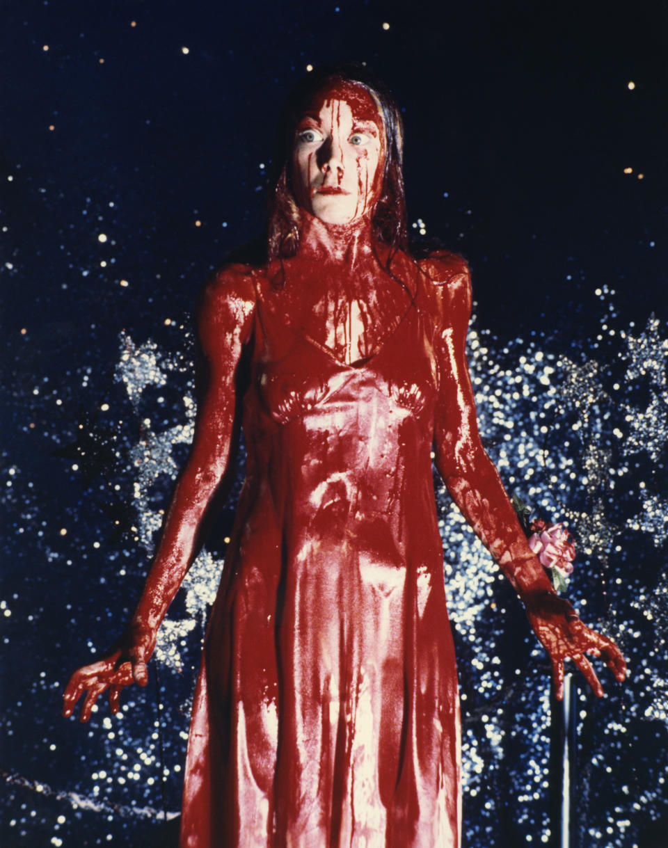 The hallmark of Carrie's most recognizable look is definitely her pale pink satin prom dress. Hers was homemade, but you can surely find something similar at a thrift store or department store. Cover yourself in fake blood, and you've got down the look that propelled Sissy Spacek to stardom.