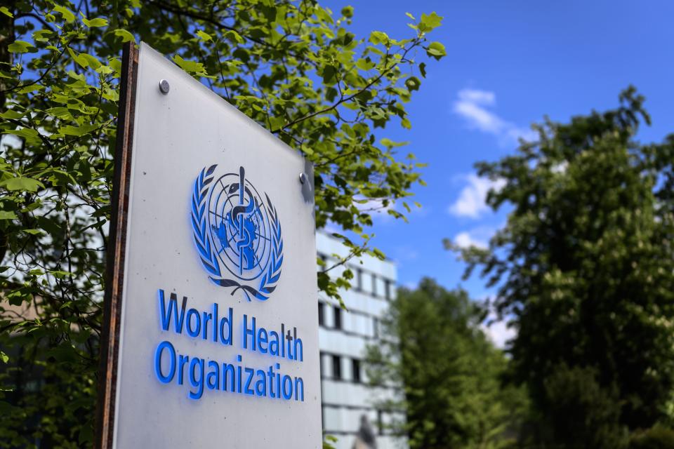 This picture taken on April 24, 2020 shows a sign of the World Health Organization (WHO) in Geneva next to their headquarters, amid the COVID-19 outbreak, caused by the novel coronavirus. (Photo by Fabrice COFFRINI / AFP) (Photo by FABRICE COFFRINI/AFP via Getty Images)