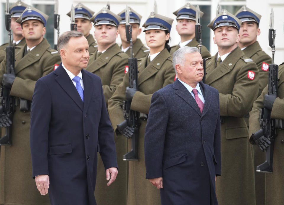 Poland's President Andrzej Duda ,left, welcomes King Abdullah II of Jordan ,right, on a one-day visit in a ceremony before the Presidential Palace in Warsaw, Poland, on Tuesday, Oct. 26, 2021. Later, Duda and King Abdullah II of Jordan held talks focused on security and cooperation in the defense sector. (AP Photo/Czarek Sokolowski)