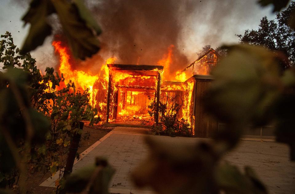 Seen through grape vines, a home burns during the Kincade fire in Healdsburg, California on October 27, 2019. - Powerful winds were fanning wildfires in northern California in "potentially historic fire" conditions, authorities said October 27, as tens of thousands of people were ordered to evacuate and sweeping power cuts began in the US state. (Photo by Josh Edelson / AFP) (Photo by JOSH EDELSON/AFP via Getty Images)