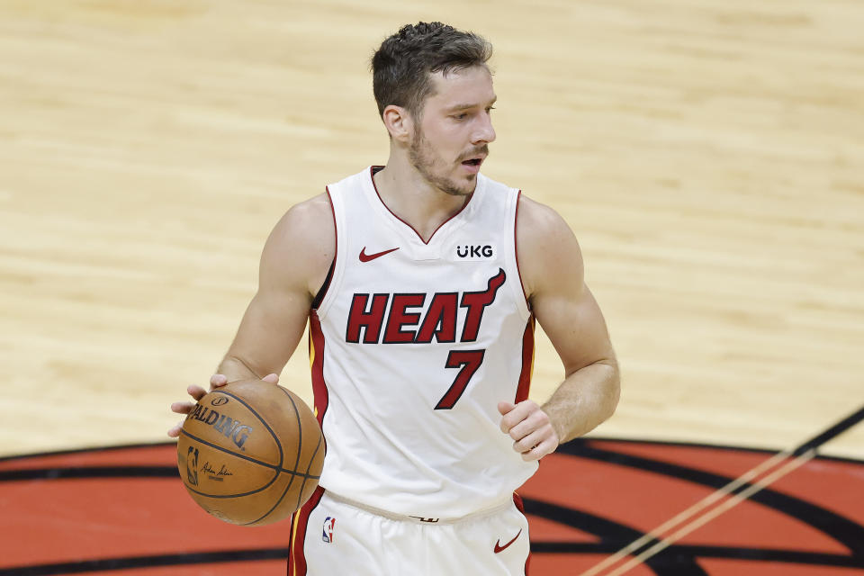 Goran Dragic #7 of the Miami Heat in action against the Houston Rockets during the fourth quarter at American Airlines Arena on April 19, 2021 in Miami, Florida. NOTE TO USER: User expressly acknowledges and agrees that, by downloading and or using this photograph, User is consenting to the terms and conditions of the Getty Images License Agreement.  (Photo by Michael Reaves/Getty Images)