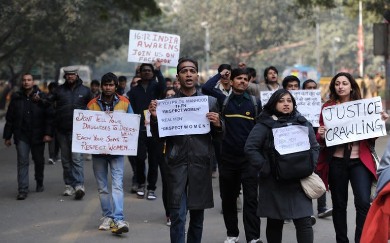 Poeple protest against a gang rape, in New Delhi, on January 6, 2013. Claims of police incompetence and public apathy stirred new anger in the Delhi gang-rape case after the boyfriend of the victim recounted details of the savage attack for the first time