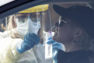 Medical staff take a COVID-19 test from a visitor to a drive through community based assessment centre in Christchurch, New Zealand, Thursday, Aug. 13, 2020. Health authorities in New Zealand are scrambling to trace the source of a new outbreak of the coronavirus as the nation's largest city, Auckland, goes back into lockdown (AP Photo/Mark Baker)