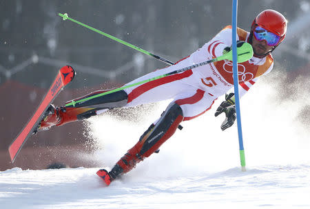 Alpine Skiing - Pyeongchang 2018 Winter Olympics - Men's Slalom - Yongpyong Alpine Centre - Pyeongchang, South Korea - February 22, 2018 - Marcel Hirscher of Austria reacts. REUTERS/Dominic Ebenbichler