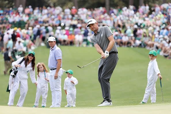 AUGUSTA, GEORGIA - APRIL 10: Keegan Bradley of the United States chips onto the second green while Luke List of the United States watches during the Par Three Contest prior to the 2024 Masters Tournament at Augusta National Golf Club on April 10, 2024 in Augusta, Georgia. (Photo by Jamie Squire/Getty Images) (Photo by Jamie Squire/Getty Images)