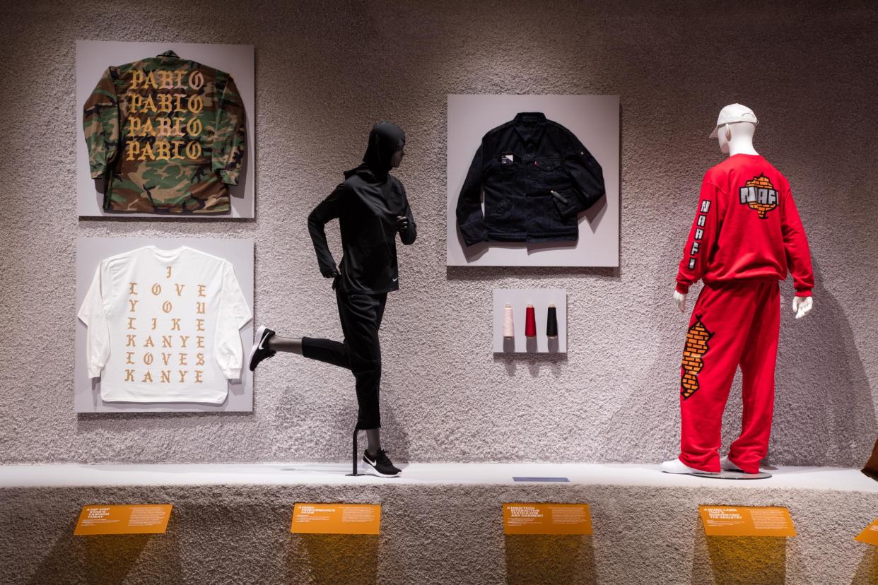 Fashion forward: Kanye West's The Life of Pablo tour merchandise and the Nike Pro Hijab on display at the Design Museum: Luke Hayes/The Design Museum