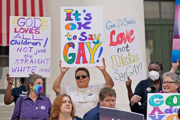PHOTO: People protest in front of the Florida State Capitol, March 7, 2022, in Tallahassee, Fla. Florida House Republicans advanced a bill, known as the 'Don't Say Gay' bill, to forbid discussions of sexual orientation and gender identity in schools. (Wilfredo Lee/AP)