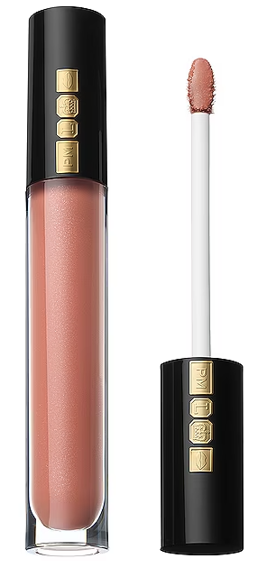 black and gold lip gloss tube with peach lip gloss