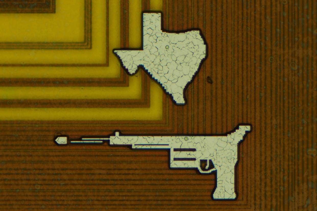  Images of Texas and a revolver drawn on an AMD Athlon classic CPU. 