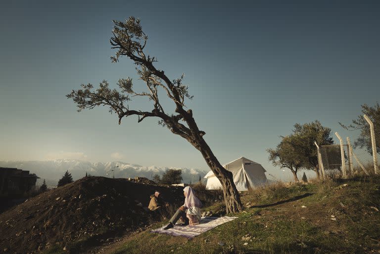 Una mujer desplazada descansa bajo un olivo en una ladera de Antakya, en la provincia turca de Hatay