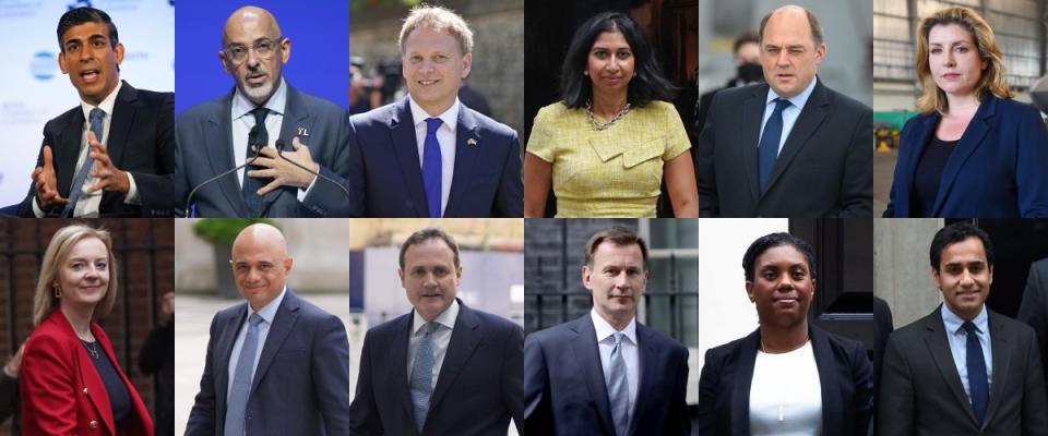 Candidates in the Conservative Party leadership race. (Top, left to right) Former chancellor Rishi Sunak, newly appointed Chancellor of the Exchequer Nadhim Zahawi, Transport Secretary Grant Shapps, Attorney General Suella Braverman, Defence Secretary Ben Wallace, and Penny Mordaunt, (bottom, left to right) Foreign Secretary Liz Truss, former health secretary Sajid Javid, Tom Tugendhat, Jeremy Hunt, Kemi Badenoch and Rehman Chishti (PA) (PA Wire)