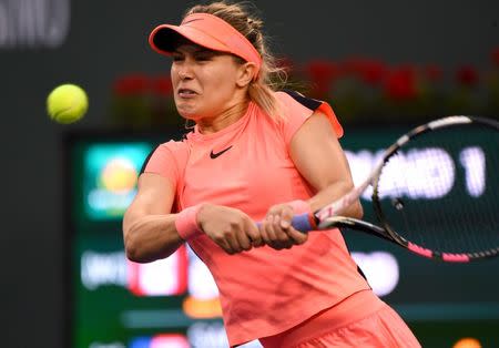 Mar 7, 2018; Indian Wells, CA, Eugenie Bouchard (CAN) in her first round match against Sachia Vickery (not pictured) at the BNP Paribas Open at the Indian Wells Tennis Garden. Jayne Kamin-Oncea-USA TODAY Sports